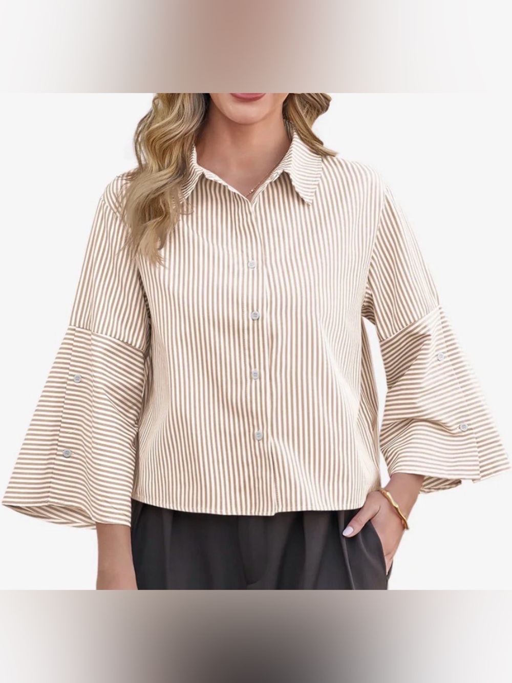 Striped Button-Front Cotton Blend Shirt - Beige/White. P2P 23”